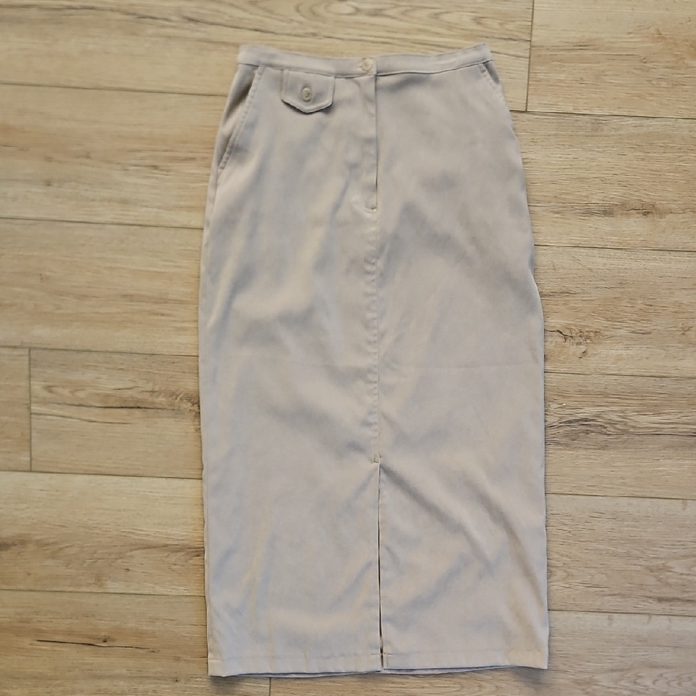 Denim&Co Khaki Tan Pencil Skirt Front Slit, Zip Up Closure Soft Suede Like